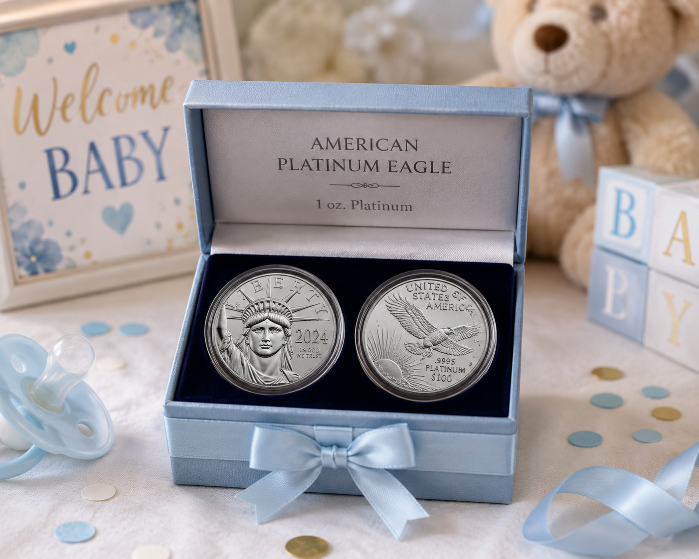 American Platinum Eagle coin set in a soft blue baby shower scene with teddy bear, pacifier, and Welcome Baby sign