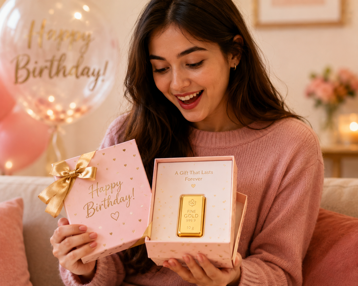 Young woman opening a pink Happy Birthday gift box revealing a 10g fine gold bar