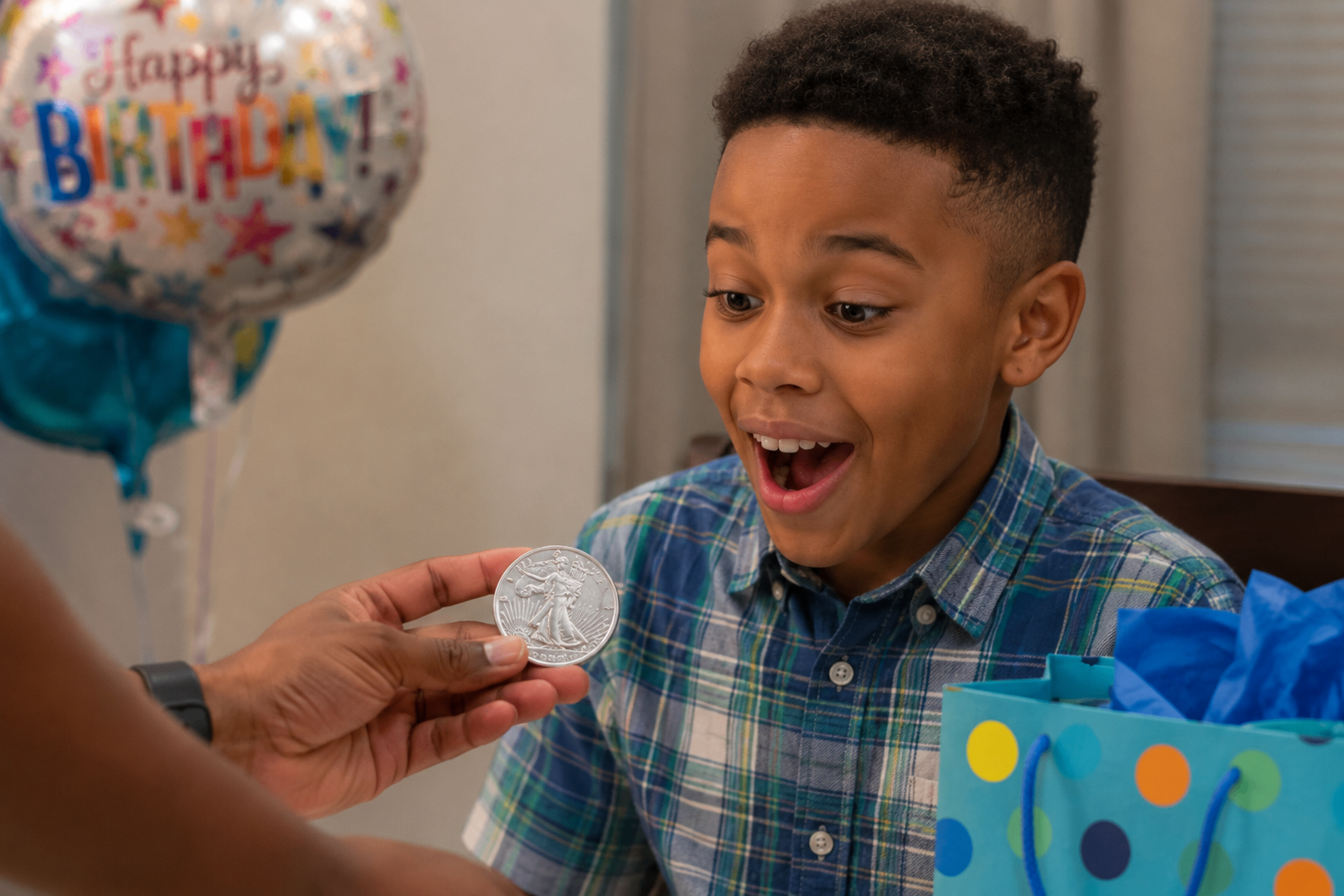 A child receiving a silver coin as a birthday gift, smiling with joy