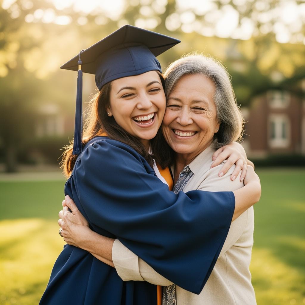 A graduate hugging a proud parent on graduation day