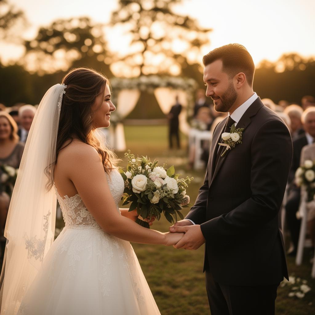 A bride and groom holding hands at their wedding
