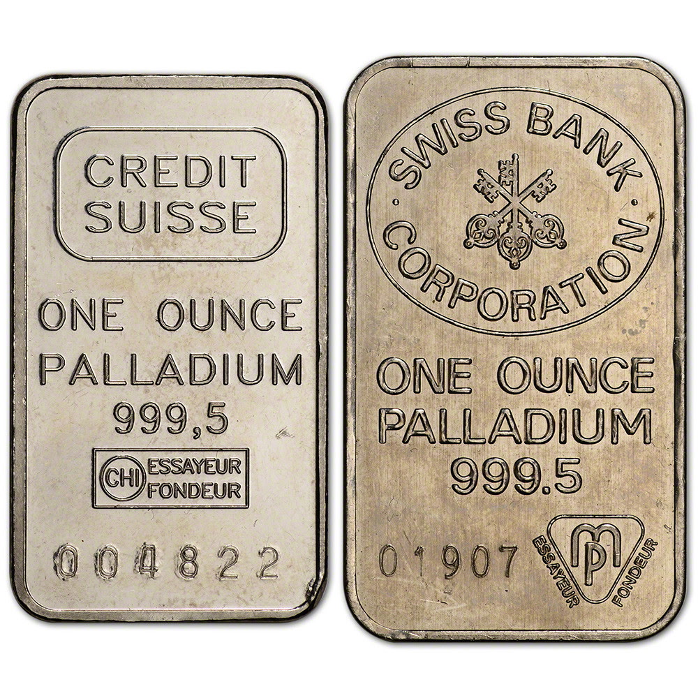 Credit Suisse and Swiss Bank Corporation one-ounce palladium bars, .9995 fine